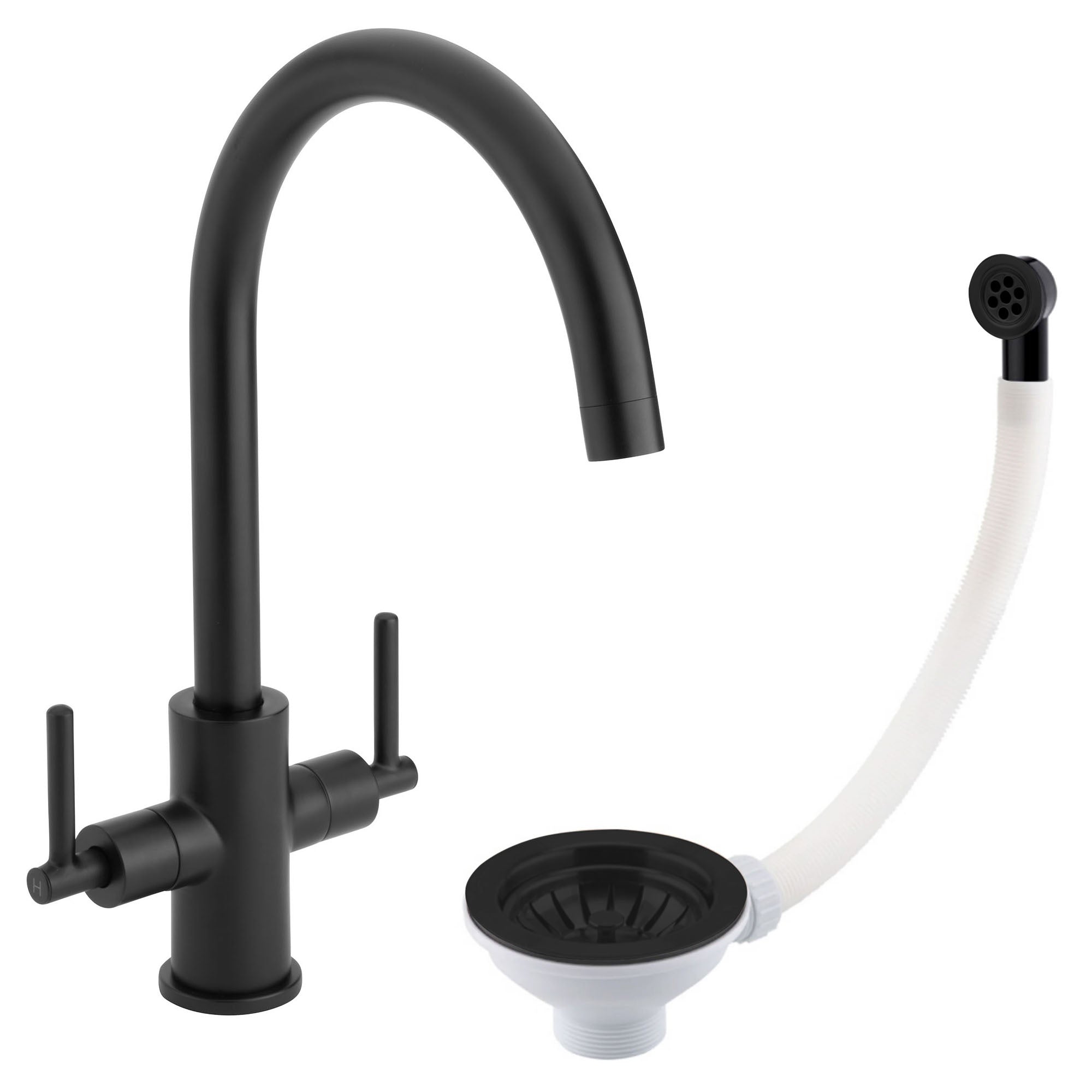 Luxury Matt Black Dual Lever Kitchen Sink Mixer Tap with Matching Basket Strainer Waste & Round Overflow