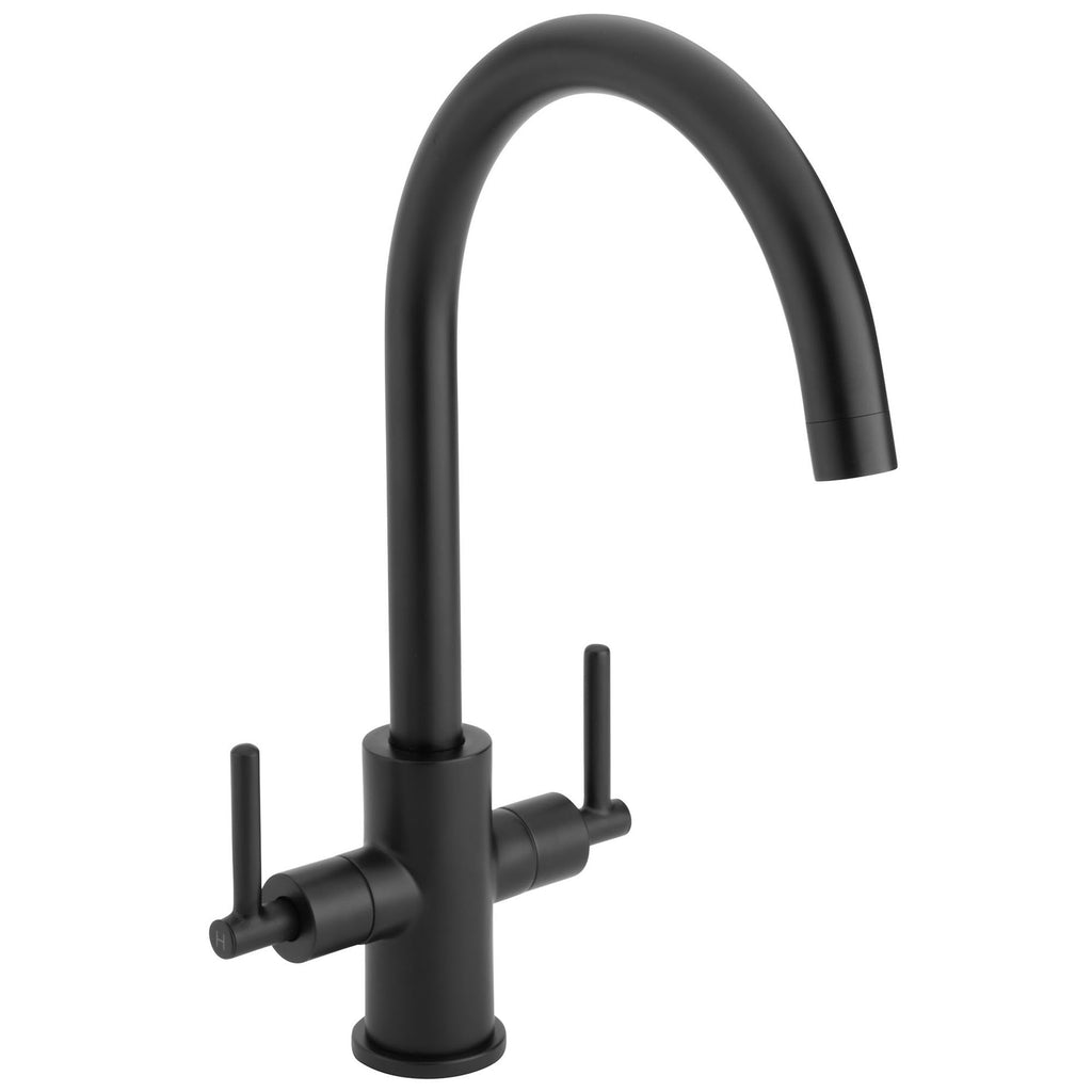 Luxury Matt Black Dual Lever Kitchen Sink Mixer Tap with Matching Basket Strainer Waste & Round Overflow