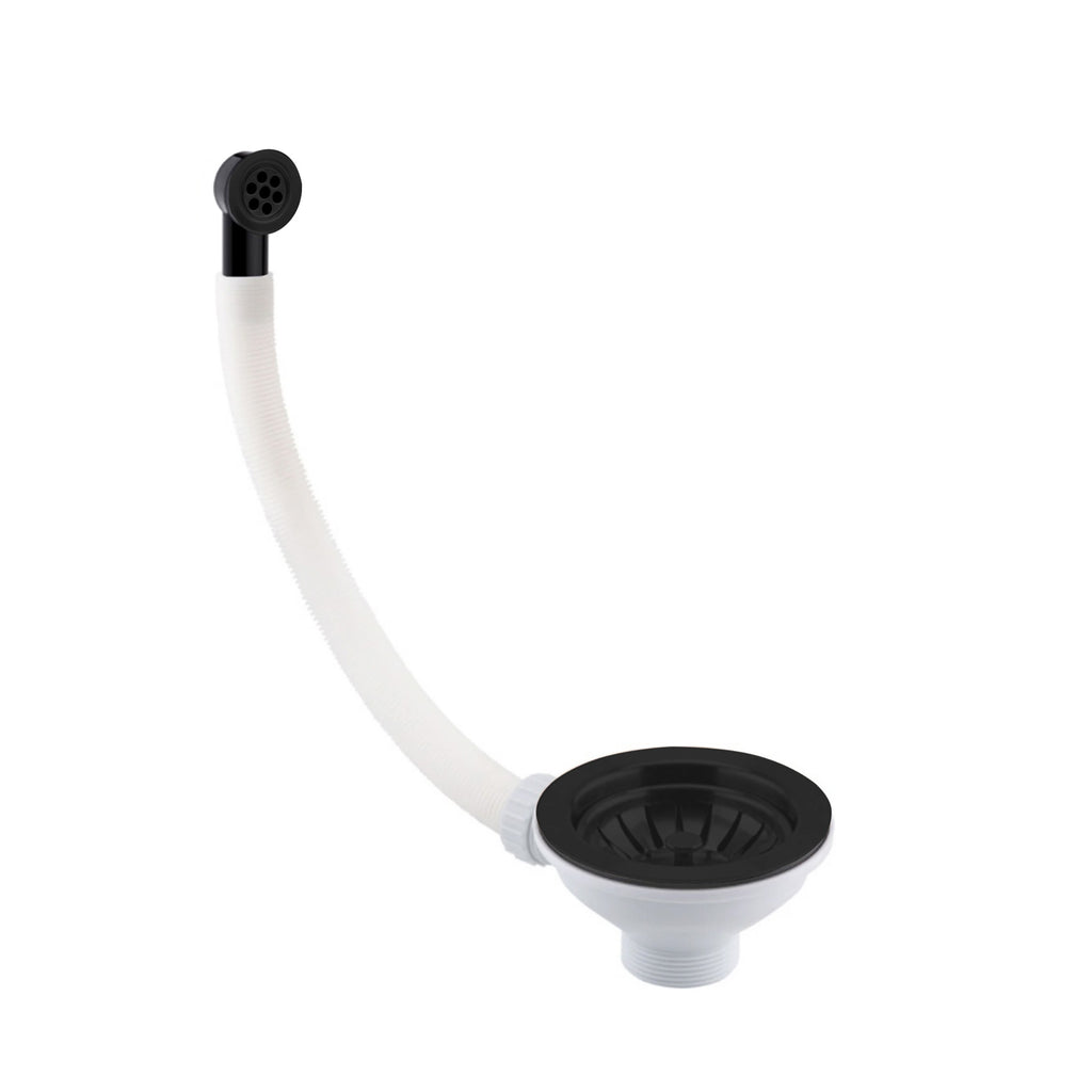 Luxury Matt Black Dual Lever Kitchen Sink Mixer Tap with Matching Basket Strainer Waste & Round Overflow