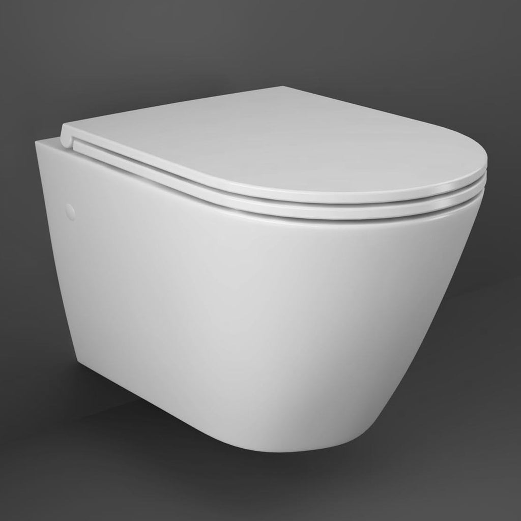 RAK Resort D-Shape Rimless Wall Hung Toilet Pan with Soft Close Quick Release Slimline Seat - White Ceramic