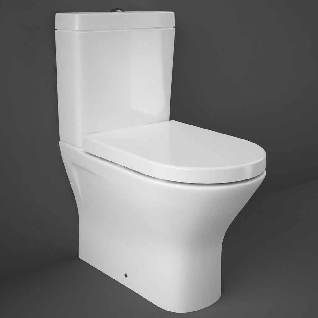RAK Resort Mini D-Shape Rimless Short Projection Close Coupled WC & Soft-Close Quick-Release Wrap-Over Seat in Gloss Alpine White