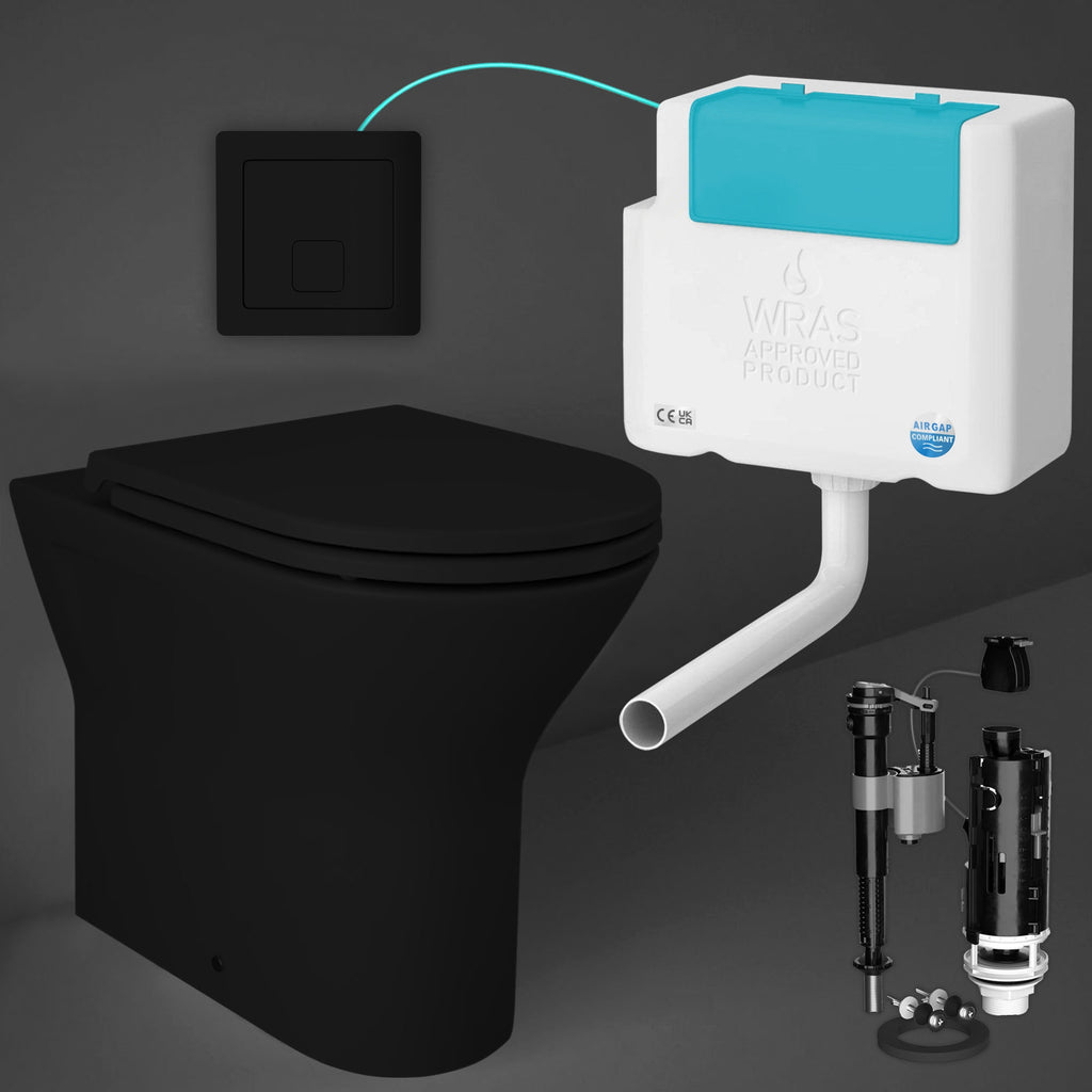 RAK Feeling Matt Black Rimless Back to Wall Toilet with Soft-Close Seat & Concealed Cistern, Square Black Flush Plate