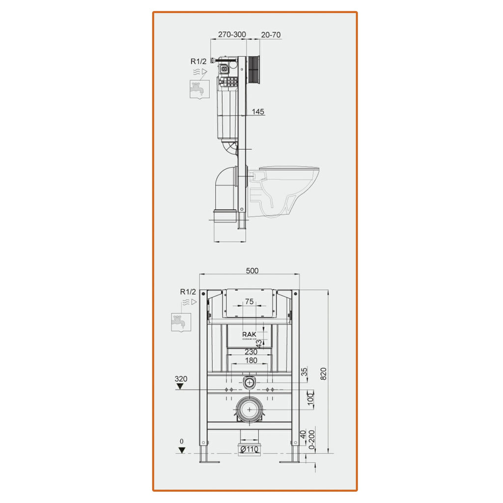 RAK Eco-Fix 0.82M Space-Saving Concealed Cistern Frame for Wall-Hung WCs with Stylish Greige Dual Flush Plate - WRAS Approved