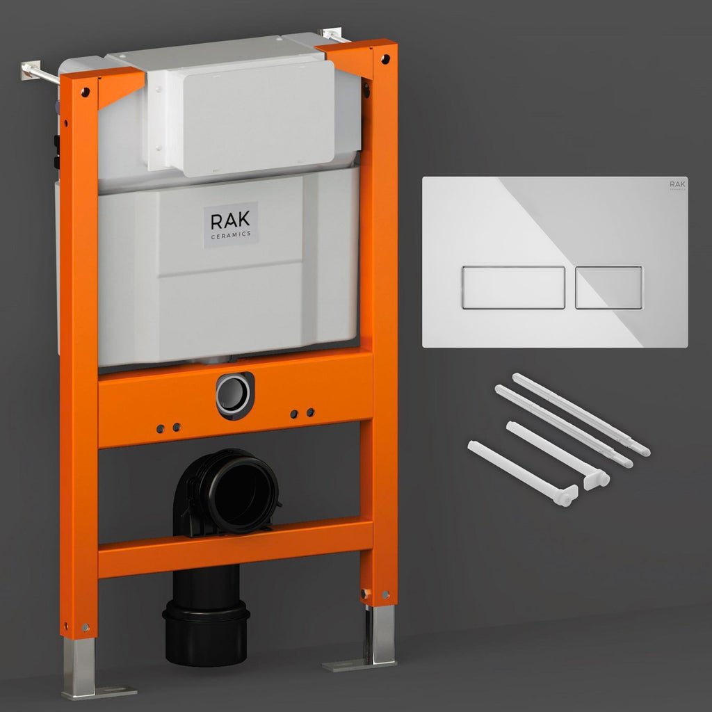 RAK Eco-Fix 0.82m Low Height Concealed Cistern Frame & White Glass Dual Flush Plate for Wall Hung WCs, WRAS Approved