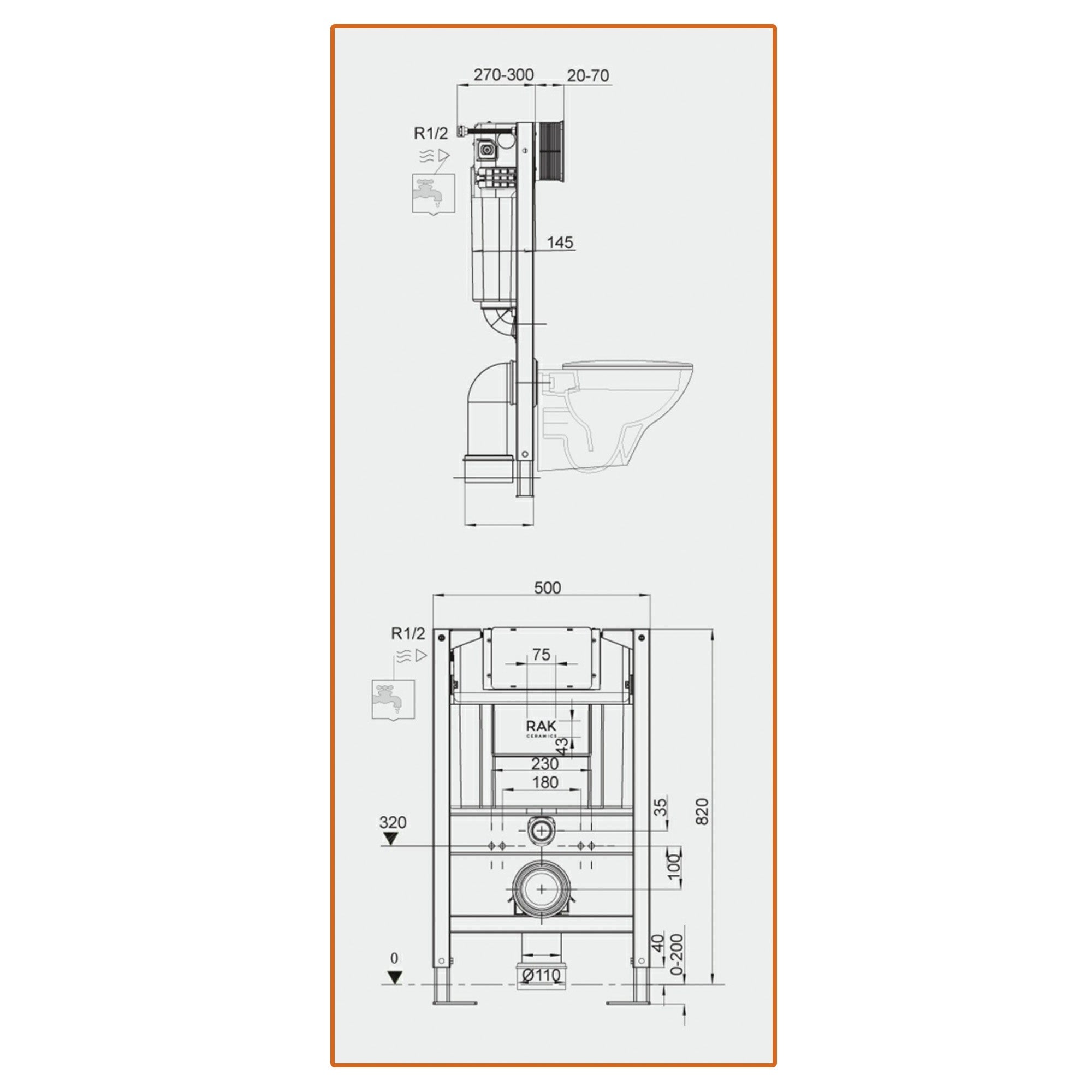 RAK Eco-Fix 0.82m Low Height Concealed Cistern Frame & White Glass Dual Flush Plate for Wall Hung WCs, WRAS Approved