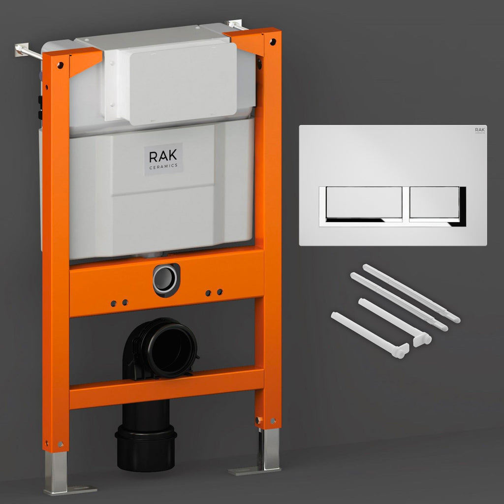 RAK Eco-Fix 0.82M Low Height Concealed Cistern Frame with White Gloss Chrome Dual Flush Plate for Wall-Hung WCs, WRAS Approved