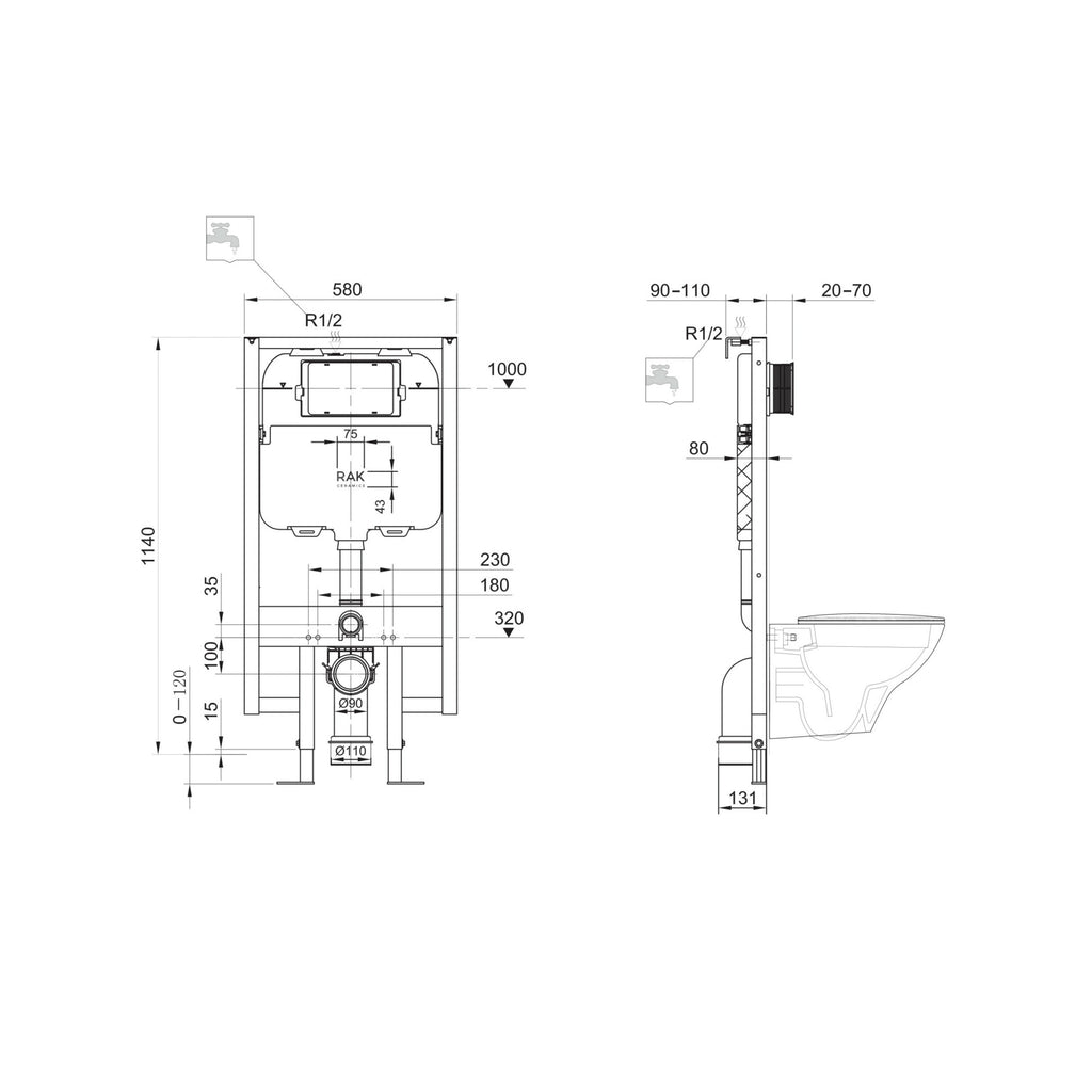 RAK Eco-Fix Slimline Concealed Cistern Frame for Wall-Hung WCs with White Glass Dual Flush Plate - WRAS Approved