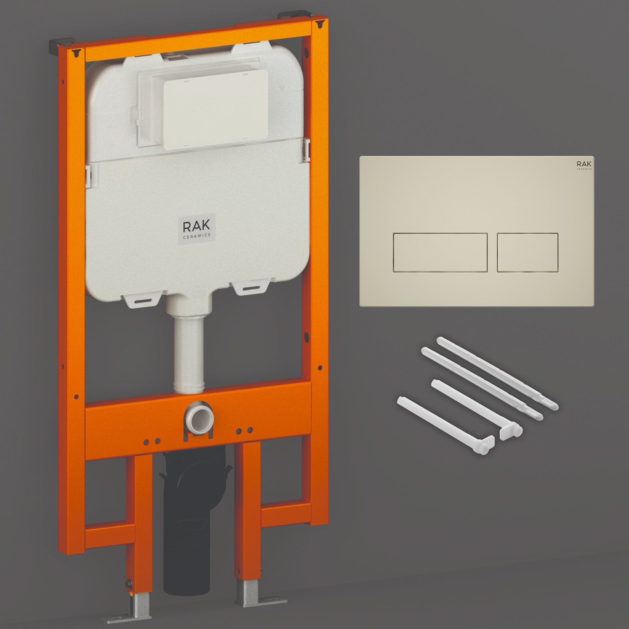 RAK Eco-Fix Slimline Concealed Cistern Frame for Wall Hung WC - 80mm Depth, Matt Greige Dual Flush Plate