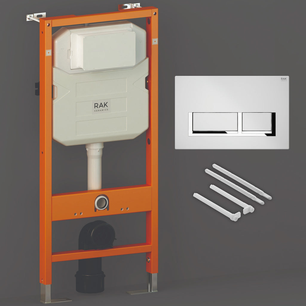 RAK Eco-Fix 1.14M Concealed Cistern Frame with White Gloss Chrome Dual Flush Plate for Wall Hung WC Pans - WRAS Approved