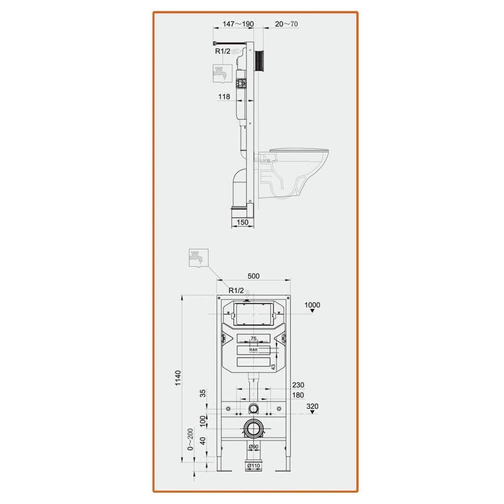 RAK Eco-Fix 1.14M Concealed Cistern Frame with White Gloss Chrome Dual Flush Plate for Wall Hung WC Pans - WRAS Approved