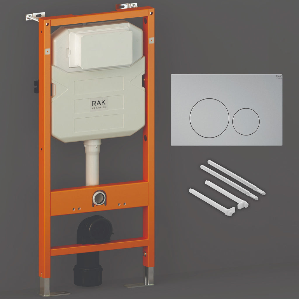 RAK Eco-Fix 1.14M Concealed Wall Hung WC Cistern Frame & Matt Chrome Round Dual Flush Plate, WRAS Approved