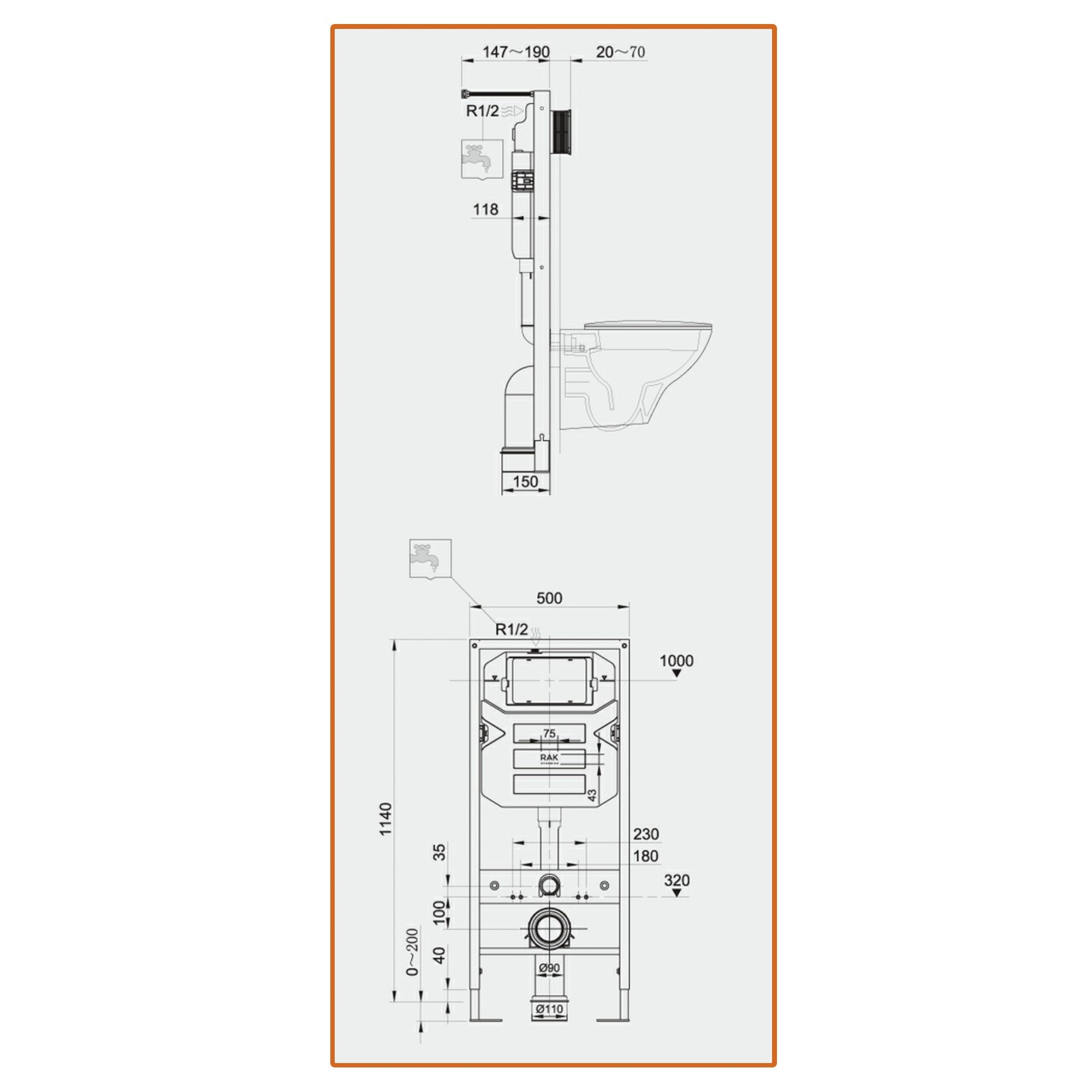 RAK Eco-Fix 1.14m Concealed WC Cistern Frame with Matt White Round Dual Flush Plate - Water-Saving & WRAS Approved