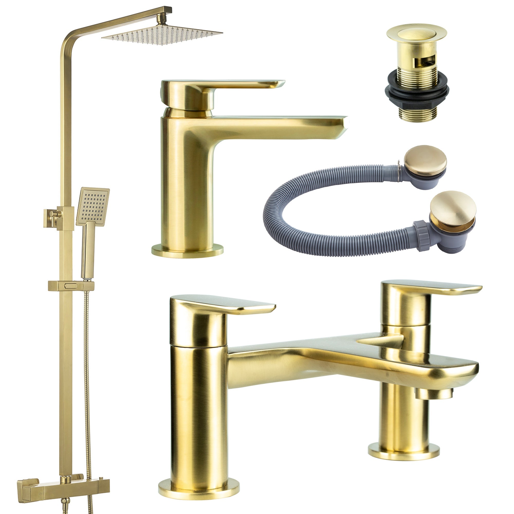 Brushed Brass Shower Kit Rigid Riser Over Head Rainfall & Brushed Brass Basin Tap, Bath Filler Mixer Pack