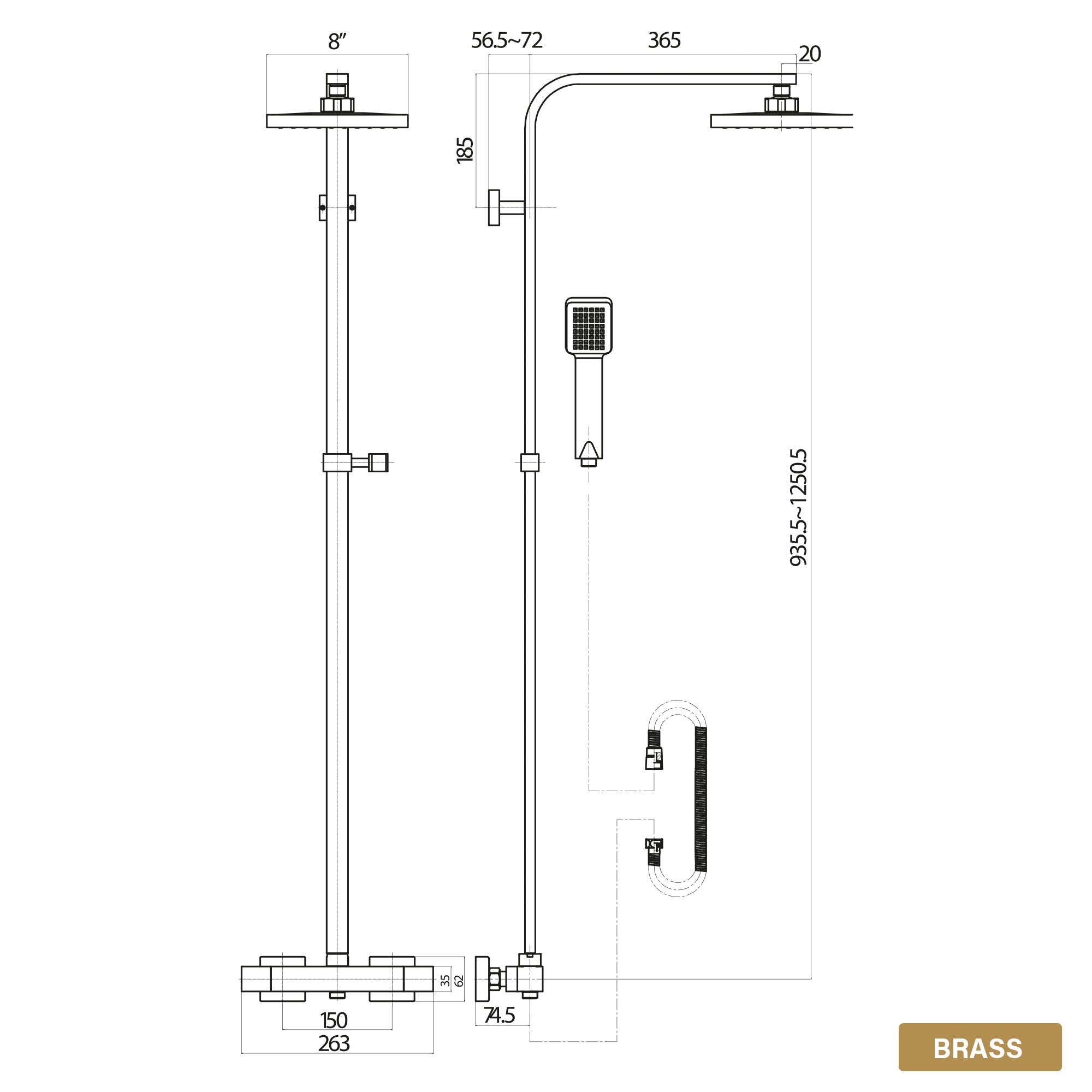Brushed Brass Shower Kit Rigid Riser Over Head Rainfall & Brushed Brass Basin Tap, Bath Filler Mixer Pack