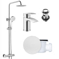 Round Chrome Thermostatic Overhead Shower Kit with Sleek Basin Mixer Tap Set & Shower Waste