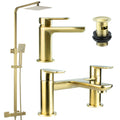Brushed Brass Shower Kit Rigid Riser Over Head Rainfall & Brushed Brass Basin Tap, Bath Filler Mixer Pack