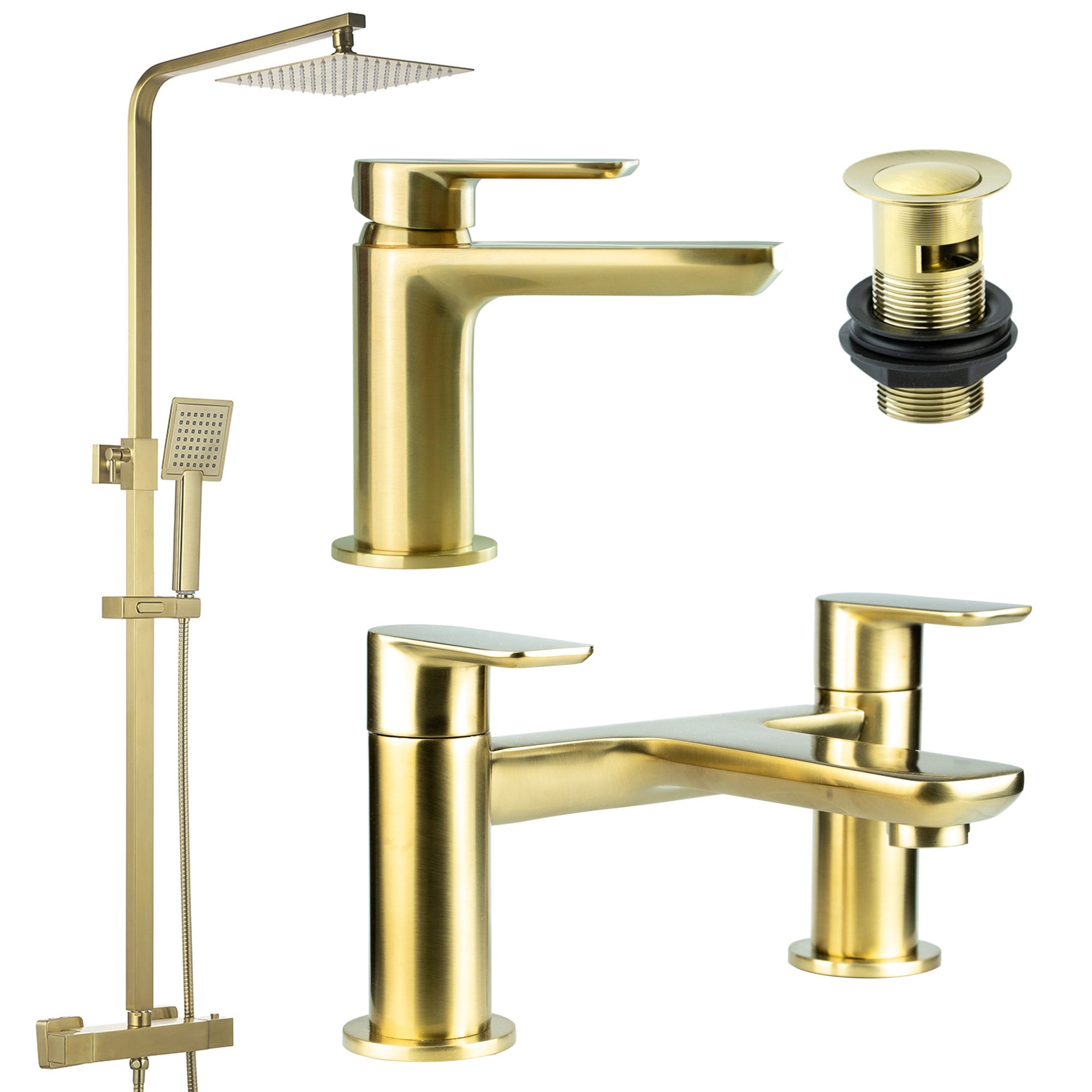 Brushed Brass Shower Kit Rigid Riser Over Head Rainfall & Brushed Brass Basin Tap, Bath Filler Mixer Pack