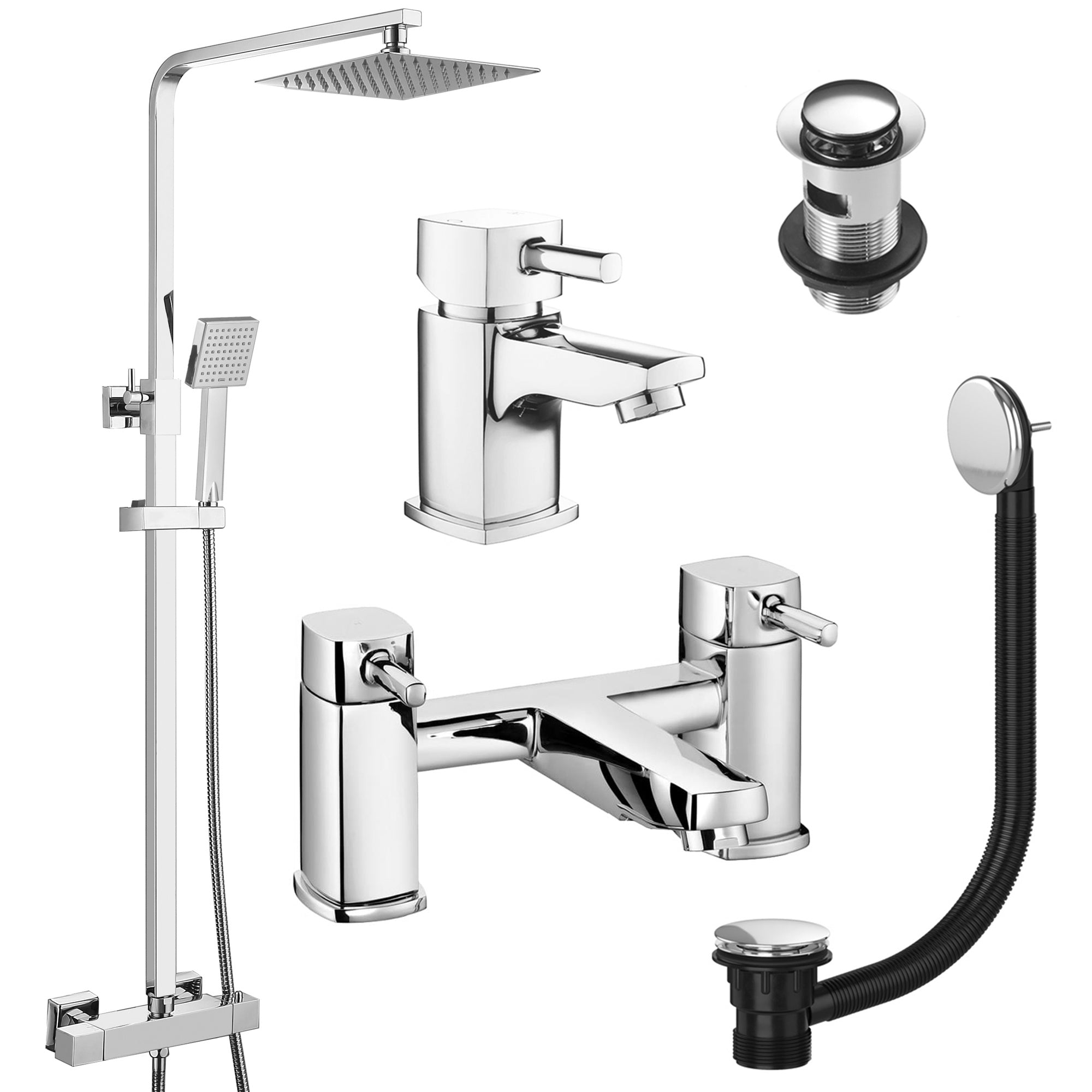 Square Chrome Thermostatic Overhead Shower Kit with Cube Basin Mixer Tap & Bath Filler Set inc. Waste Set