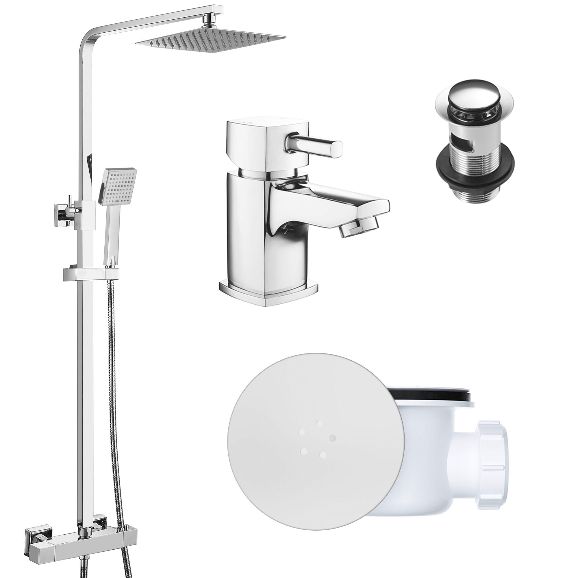 Square Chrome Thermostatic Overhead Shower Kit with Cube Basin Mixer Tap Set & Shower Waste