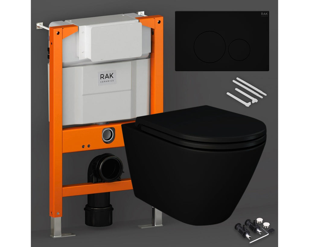 RAK Ceramics Matt Black Wall Hung Rimless Toilet & Slim Soft-Close Seat with 0.82m Low Concealed Cistern Frame & Flush Plate