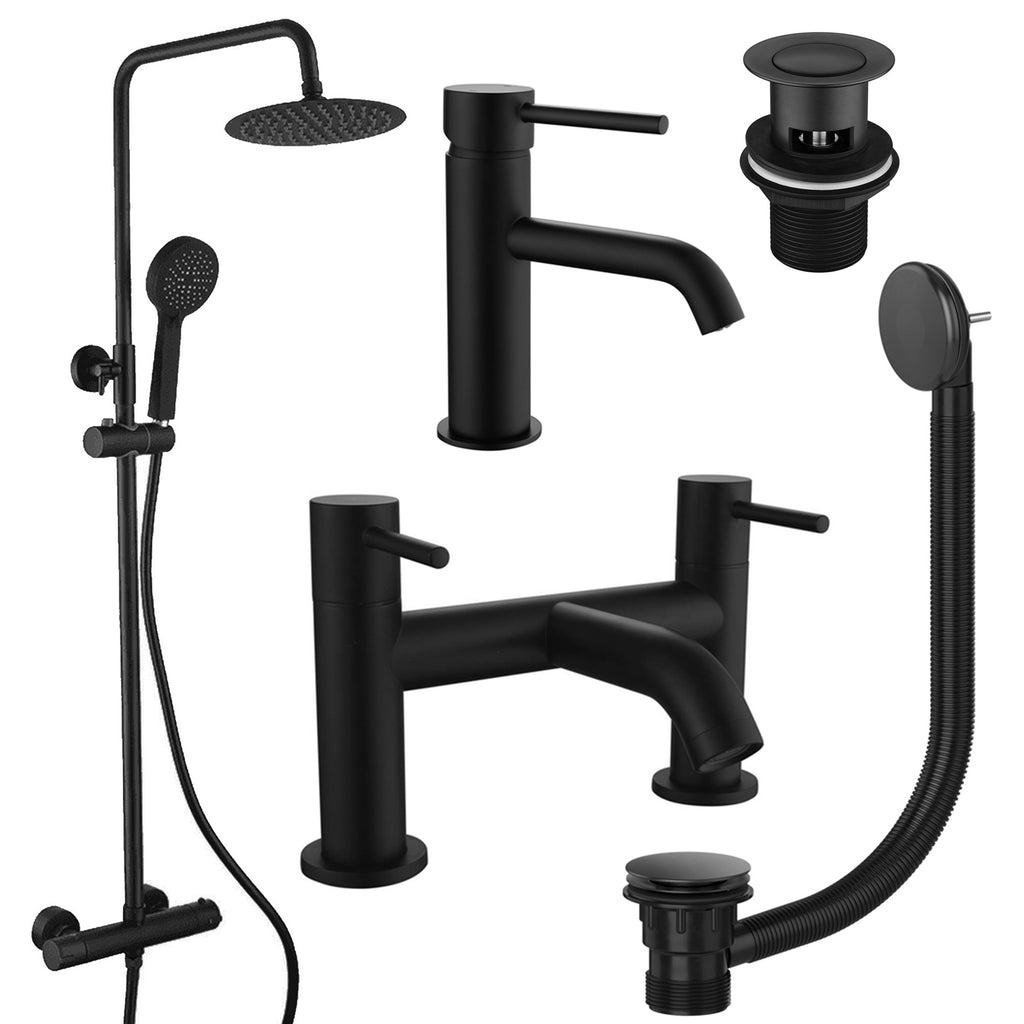 Matt Black Round Thermostatic Overhead Shower Kit with Matching Basin Tap, Bath Filler & Pop-Up Waste Set