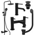Matt Black Round Thermostatic Overhead Shower Kit with Matching Basin Tap, Bath Filler & Pop-Up Waste Set