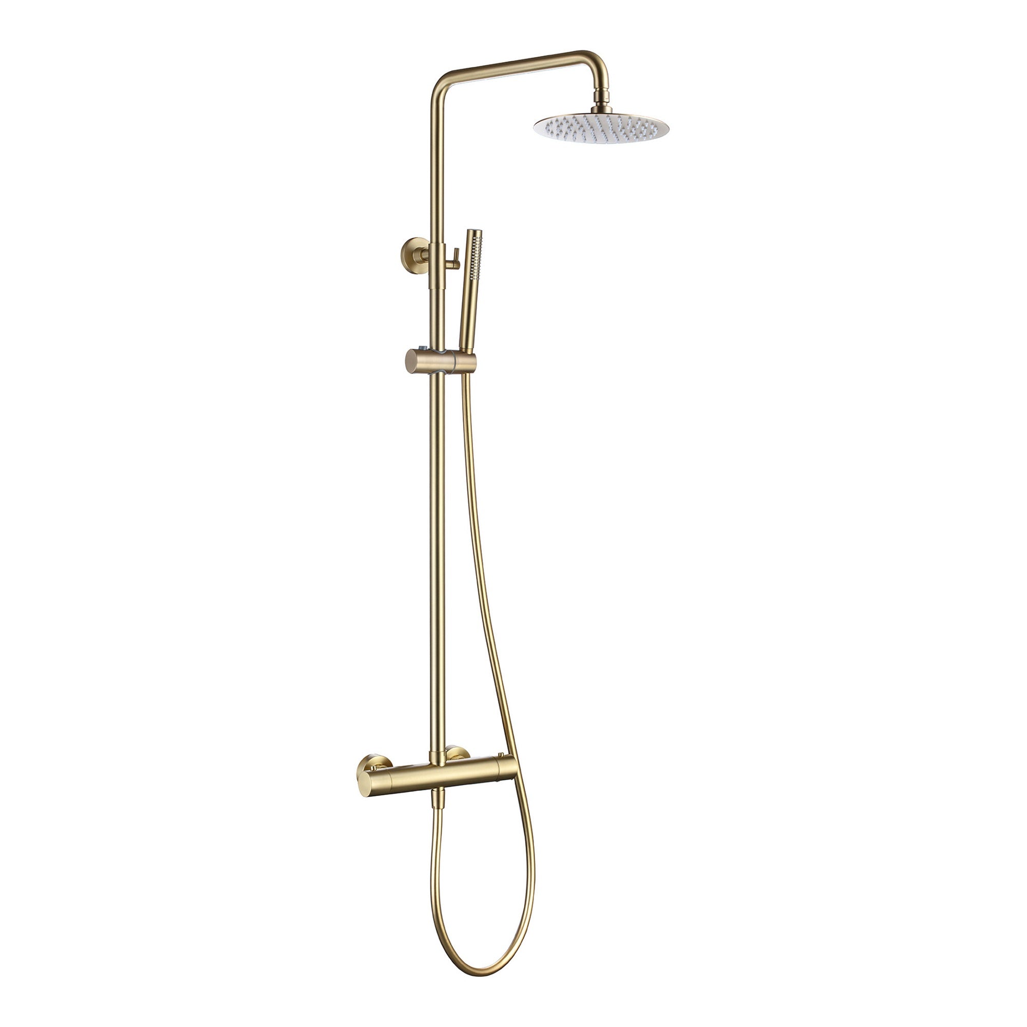 Brushed Brass Shower Kit Rigid Riser Over Head Rainfall & Brushed Brass Basin Tap, Bath Filler Mixer Pack