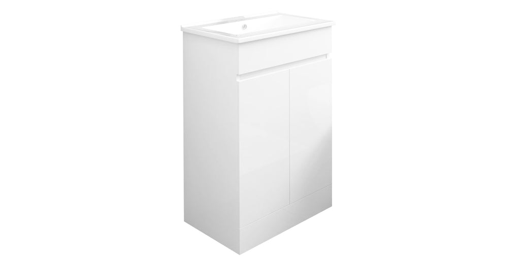 Gloss White 500mm Two Door Vanity Unit Storage Cabinet & Ceramic Basin Sink - Handleless Design