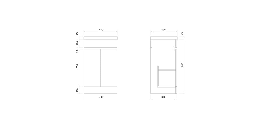 Gloss White 500mm Two Door Vanity Unit Storage Cabinet & Ceramic Basin Sink - Handleless Design