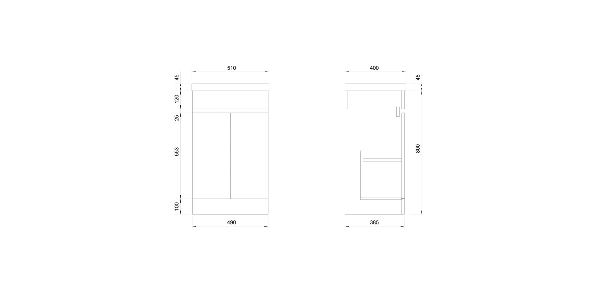 Gloss White 500mm Two Door Vanity Unit Storage Cabinet & Ceramic Basin Sink - Handleless Design