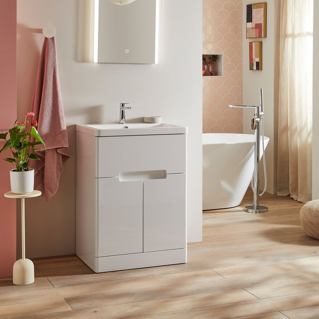 Selkirk 500mm Gloss White Freestanding Vanity Unit with Basin & 2 Doors - Modern Bathroom Cabinet