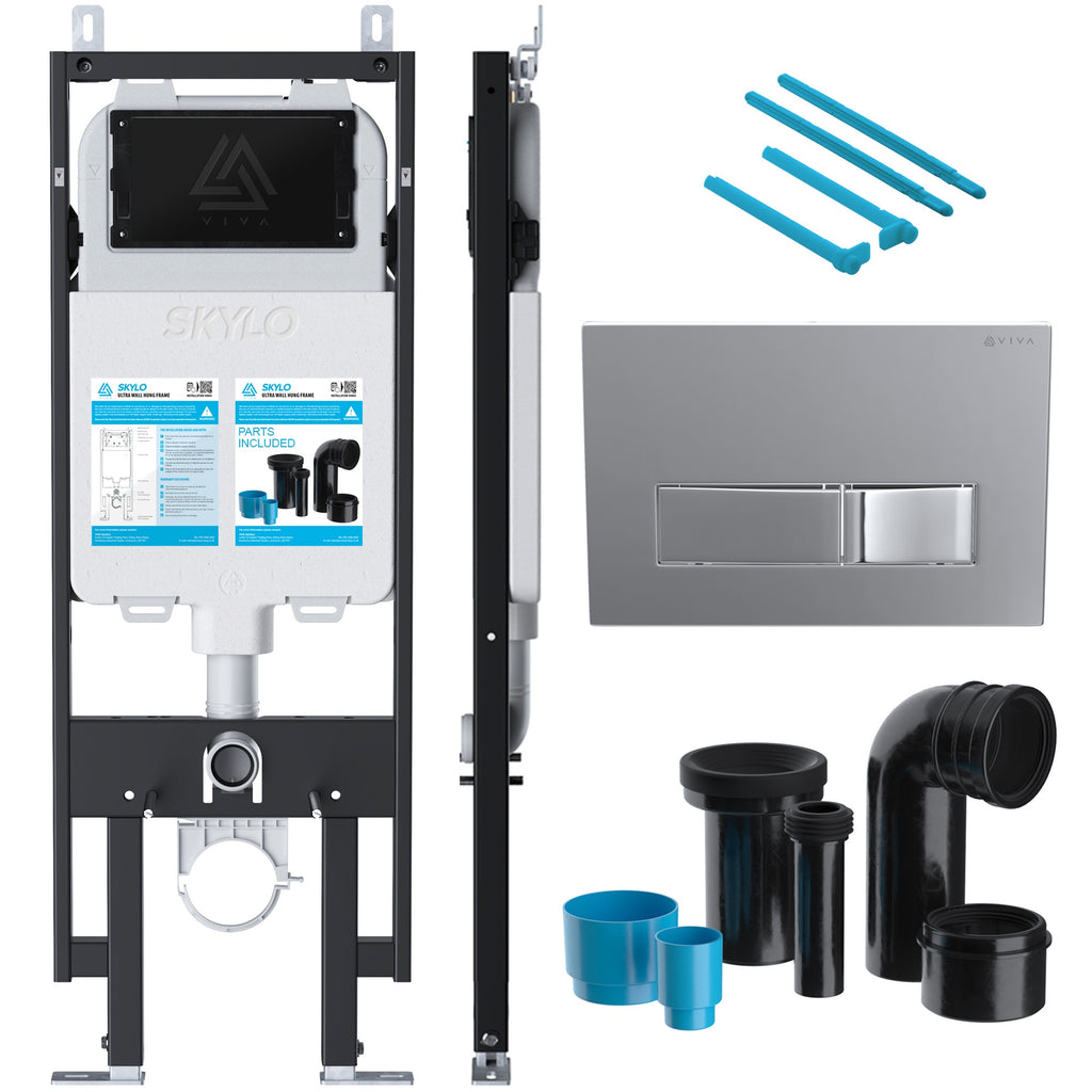 Skylo Ultra Slim Wall Hung Toilet Concealed Cistern Frame & Gloss Chrome Dual Flush Plate Set