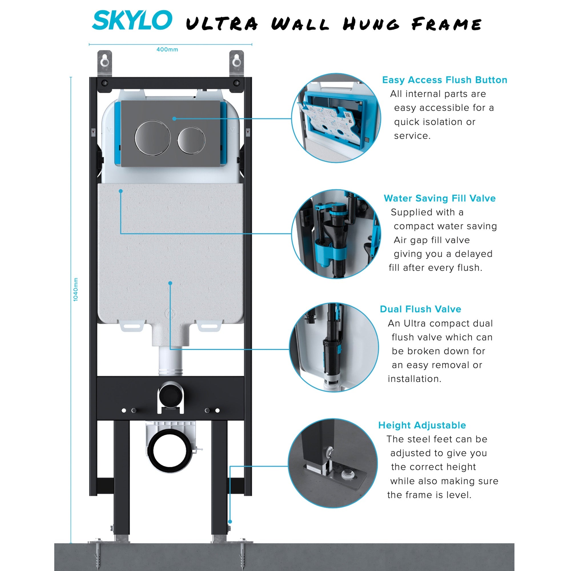 Viva Skylo Ultra-Slim Wall Hung Toilet Frame & Concealed Cistern with Dual Flush & Gloss White Flush Plate