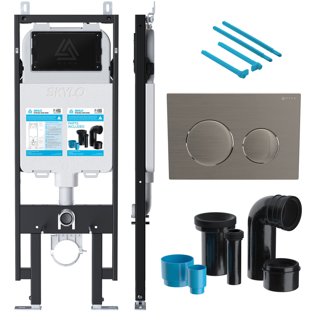 Skylo Ultra Slim Wall Hung Toilet Concealed Cistern Frame Set with Brushed Nickel Dual Flush Plate