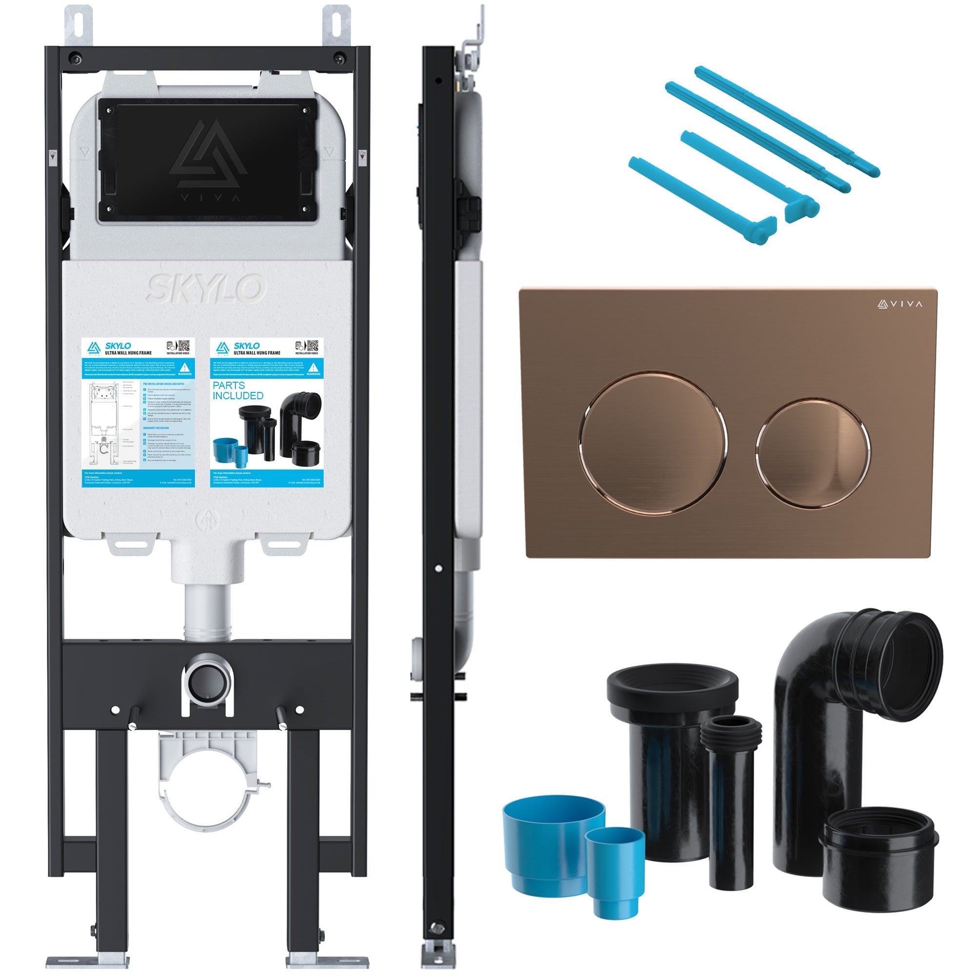 Viva Skylo Ultra Slim Wall Hung Toilet Cistern Frame Set with Brushed Copper Dual-Flush Plate & Connector Kit