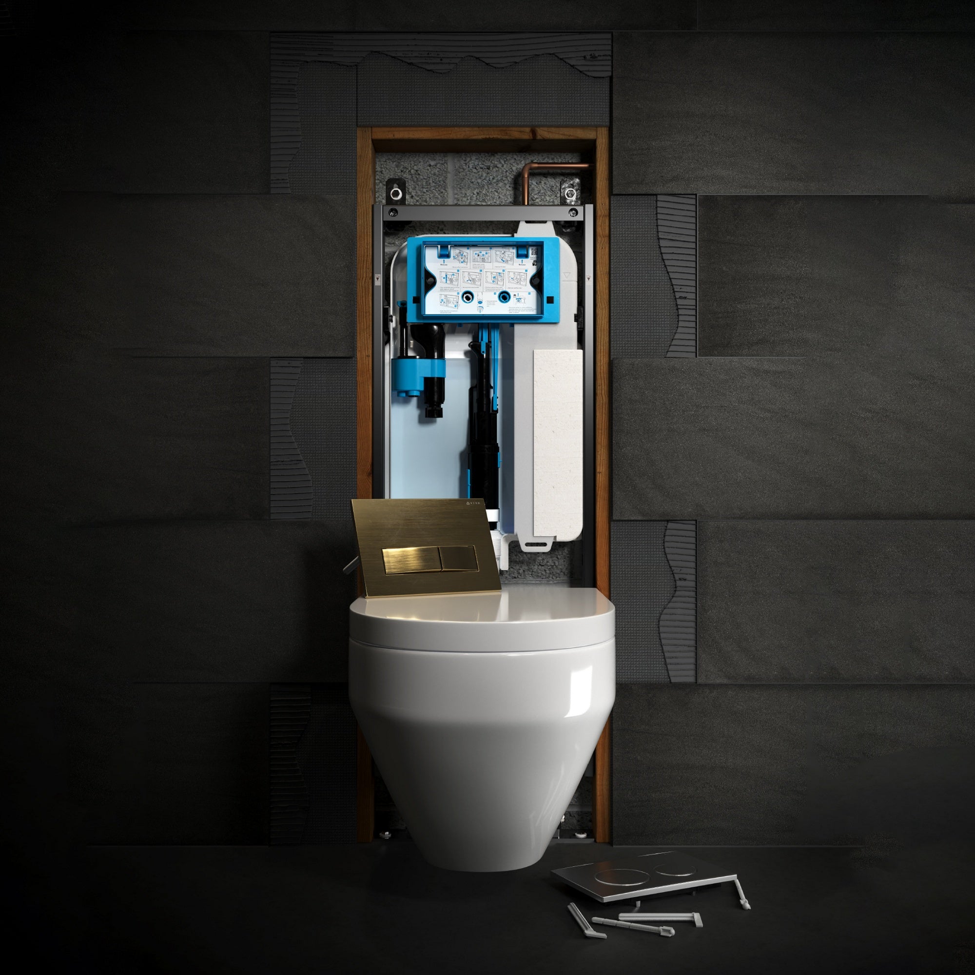 Skylo Slim Wall-Hung Toilet Concealed Cistern Frame & Dual Flush Set with Brushed Copper Flush Plate