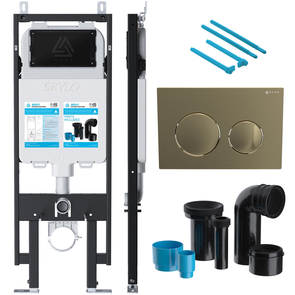 Skylo Ultra Slim Wall Hung Toilet Frame & Concealed Cistern Set with Brushed Brass Flush Plate & Angled Connector Kit