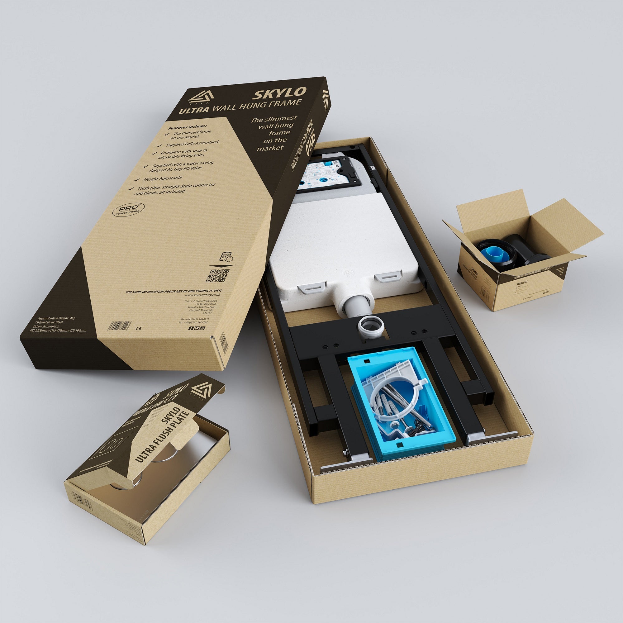 Skylo Ultra Slim Wall Hung Toilet Frame & Concealed Cistern Set with Brushed Brass Flush Plate & Angled Connector Kit