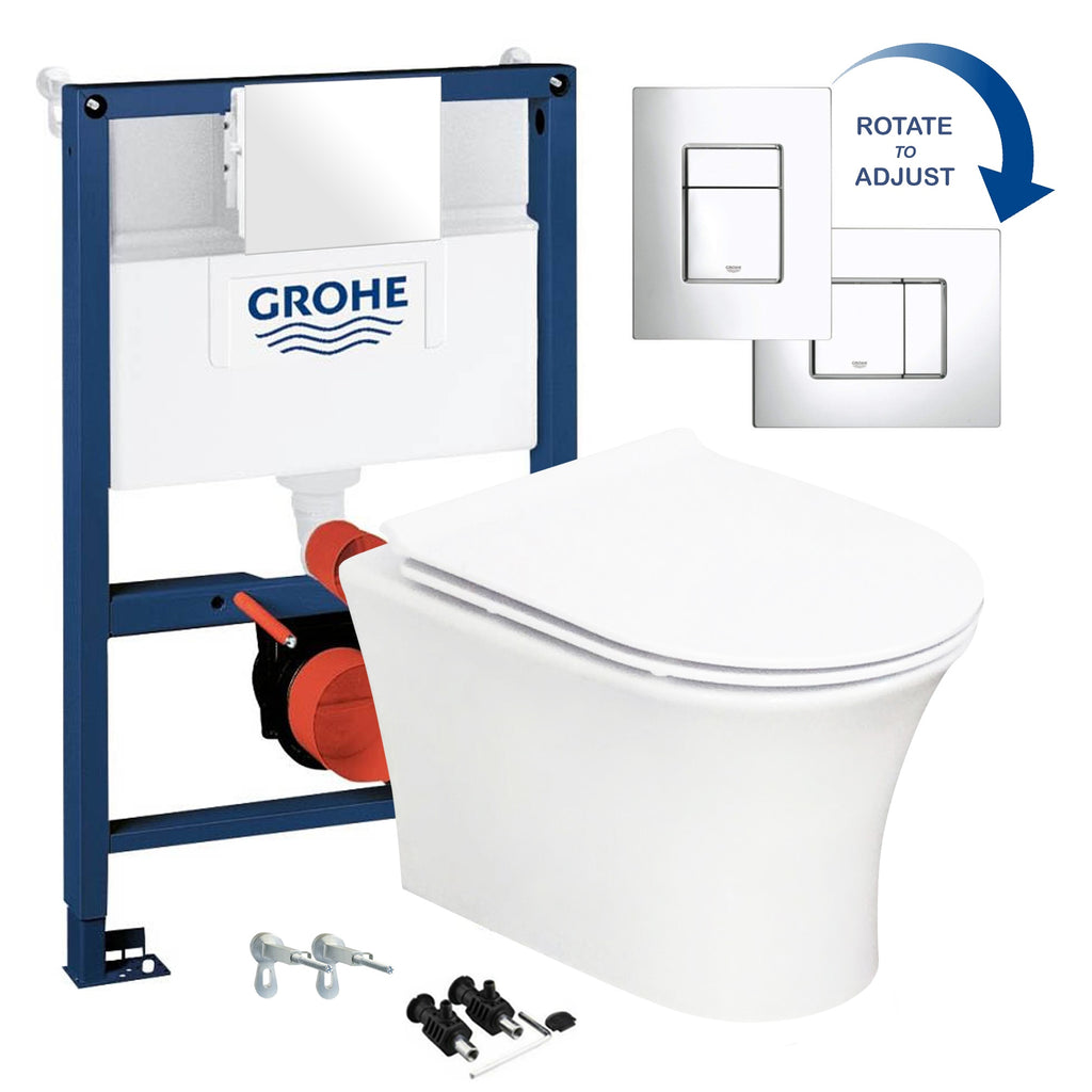 Gloss White Hidden Fixation Rimless Wall Hung Toilet Pan & GROHE 0.82m Concealed WC Cistern Frame Set