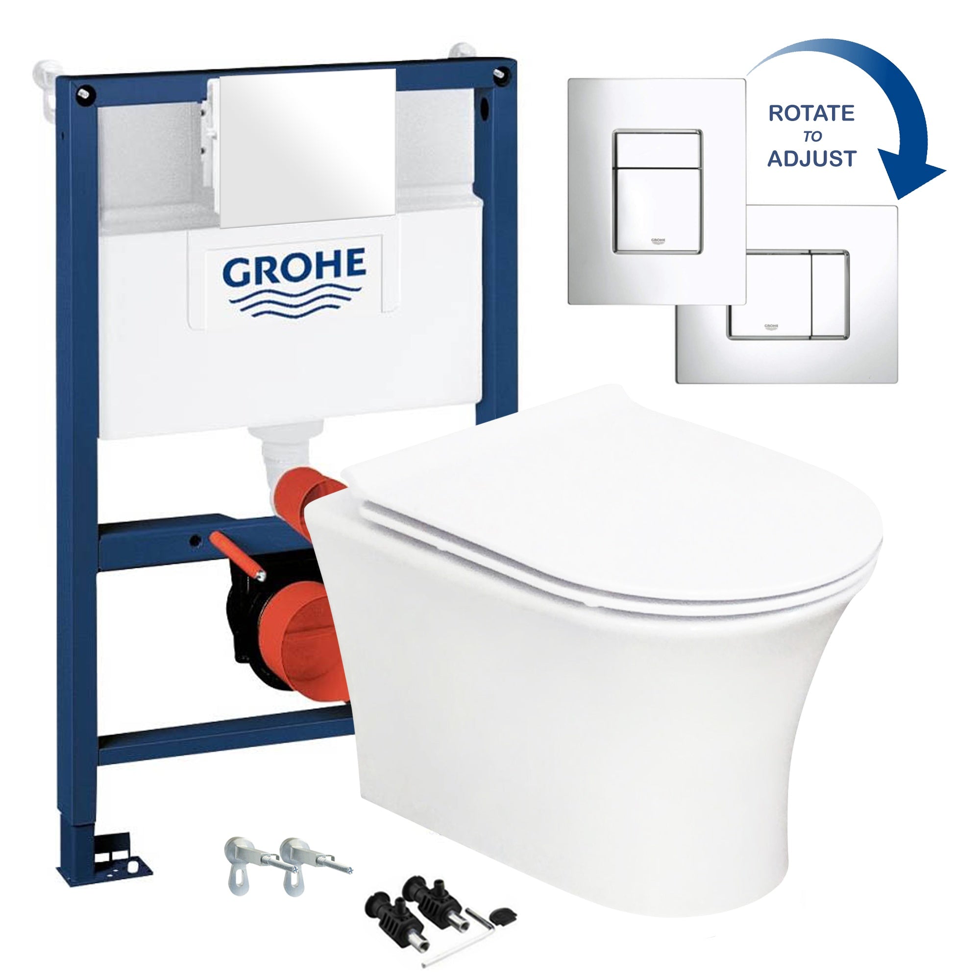 Gloss White Hidden Fixation Rimless Wall Hung Toilet Pan & GROHE 0.82m Concealed WC Cistern Frame Set