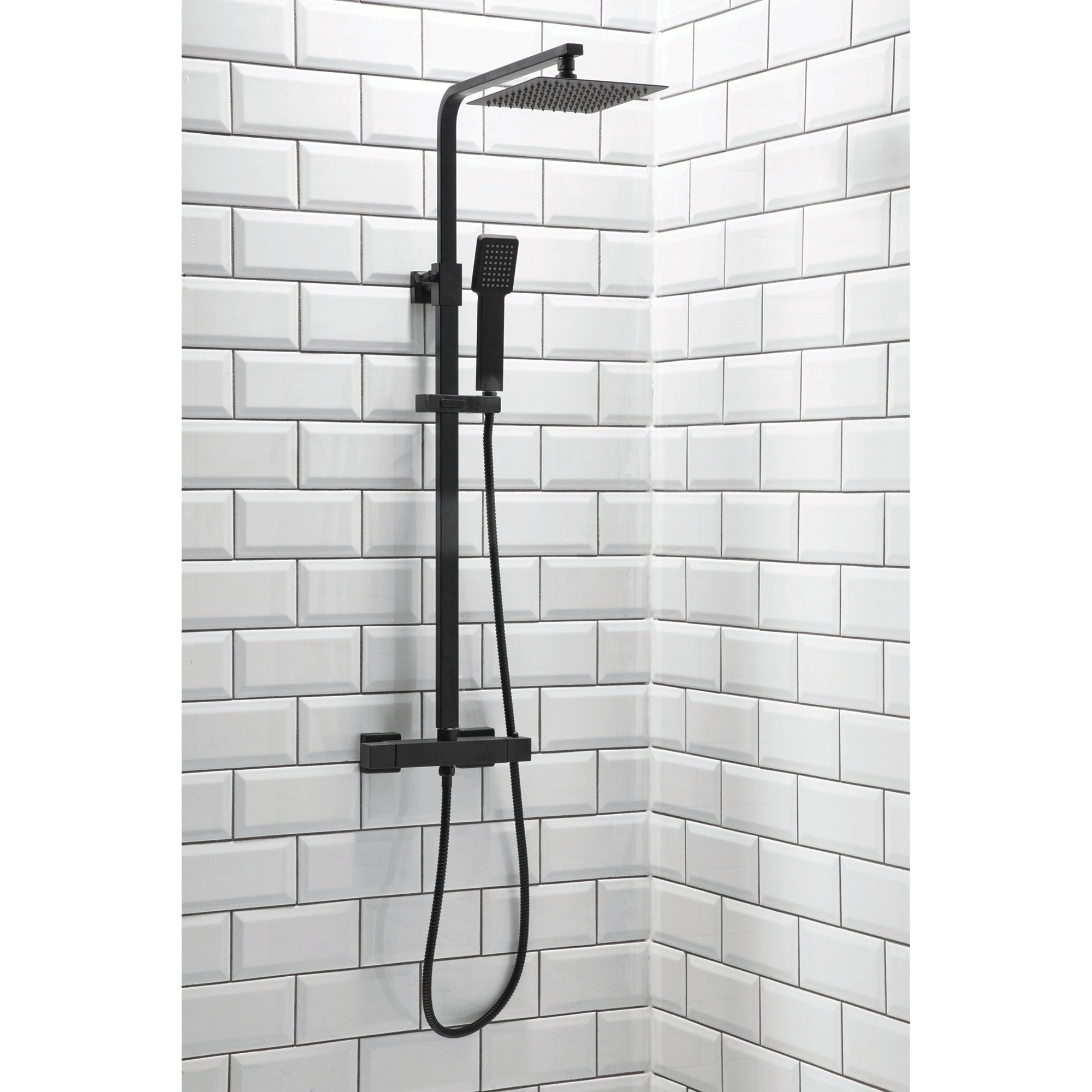 Matt Black Square Overhead Thermostatic Rigid Riser Shower Kit Adjustable Height