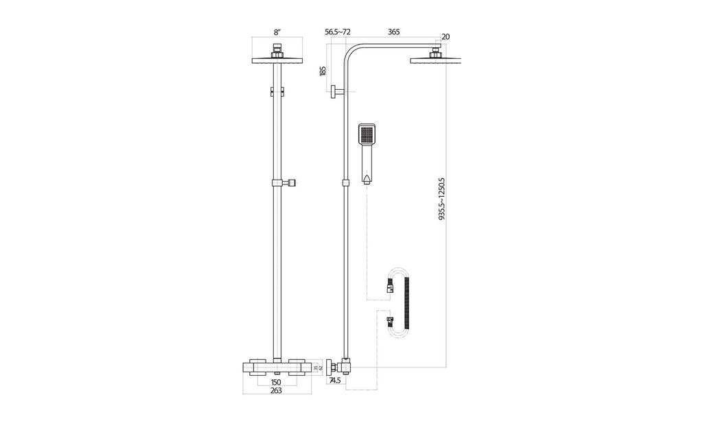 Matt Black Square Overhead Thermostatic Rigid Riser Shower Kit Adjustable Height