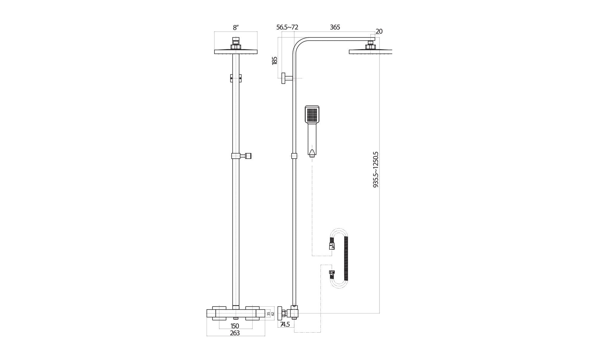 Matt Black Square Overhead Thermostatic Rigid Riser Shower Kit Adjustable Height