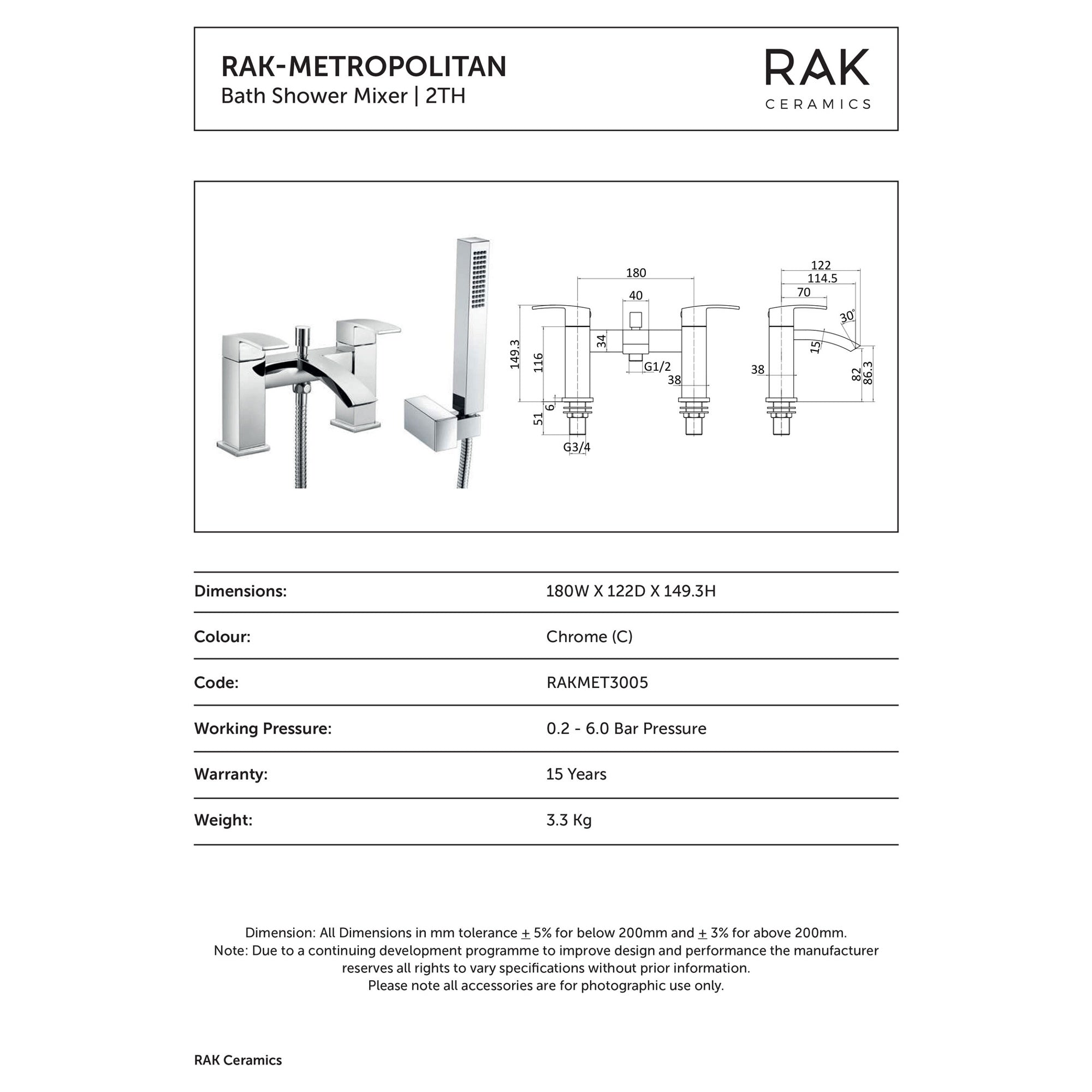 RAK Metropolitan Polished Chrome Bath Shower Mixer Tap, Solid Brass, Modern Square Design with Handset