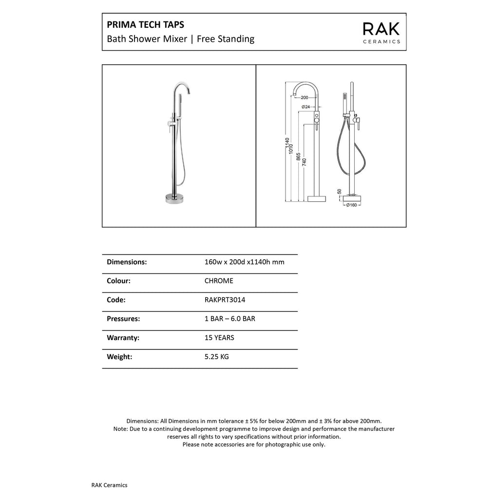 RAK Prima Tech Polished Chrome Freestanding Bath Shower Mixer Tap with Handset - Solid Brass