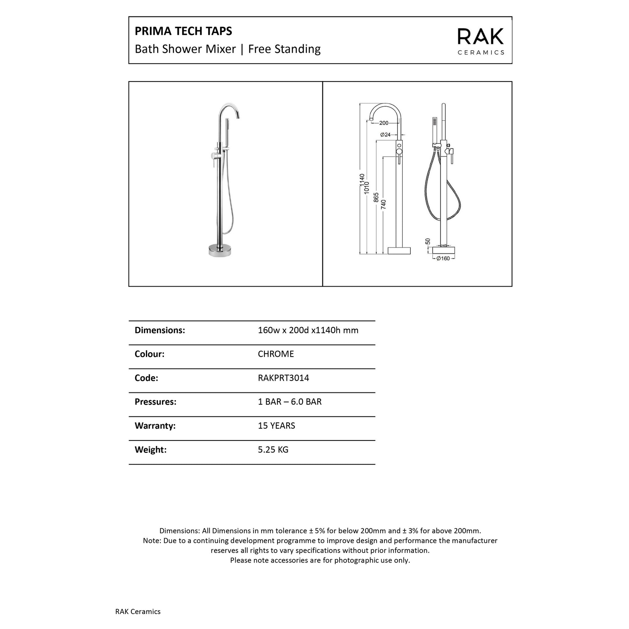 RAK Prima Tech Polished Chrome Freestanding Bath Shower Mixer Tap with Handset - Solid Brass