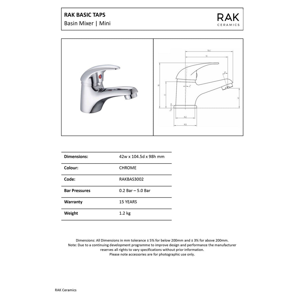 RAK Basic Mini Mono Basin Mixer Tap - Polished Chrome Solid Brass for Cloakrooms