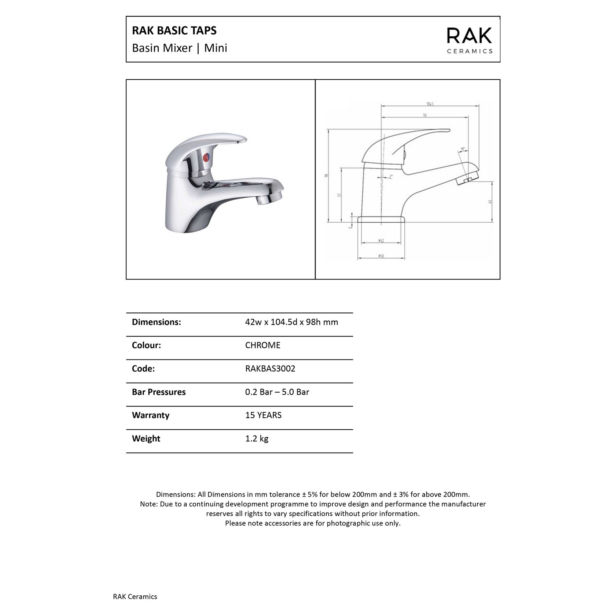 RAK Basic Mini Mono Basin Mixer Tap - Polished Chrome Solid Brass for Cloakrooms
