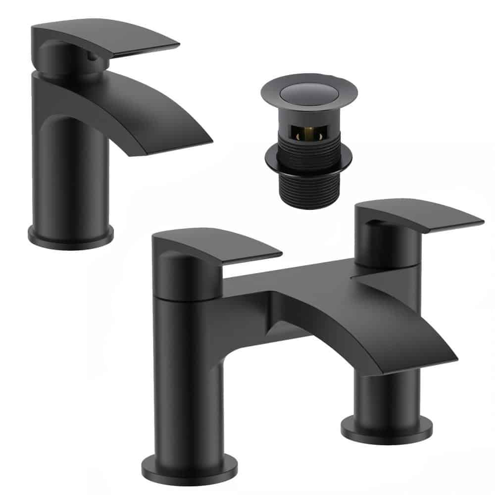 Black Matt Waterfall SLEEK Bath Filler & Basin Mixer Tap Incl Clicker Waste-0