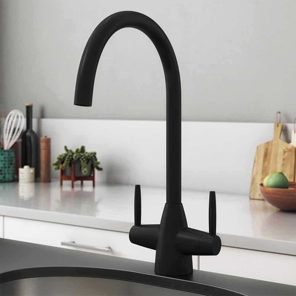 Matt Black Dual Lever Kitchen Sink Mixer Tap Swivel Spout & Basket Strainer Waste-13461